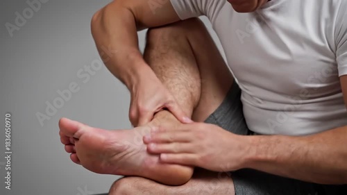 Man Suffering Foot Pain and Ankle Discomfort, Applying Self Massage for Relief