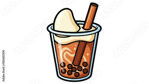 Delicious Boba Tea with Tapioca Pearls and Cream Topping.