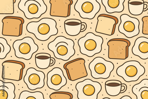 Bright patterned design featuring breakfast items such as bread, eggs, and coffee in a playful arrangement on a light background