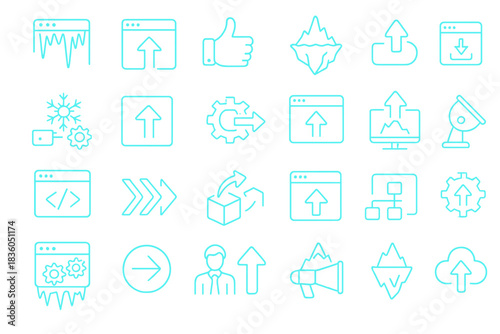Collection of simple line icons representing various online activities and functions for digital interfaces