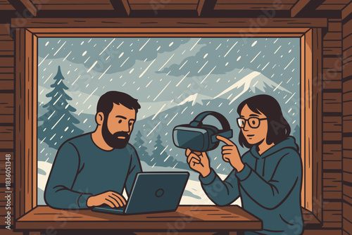 People using virtual reality technology indoors during a snowy day in a mountain cabin