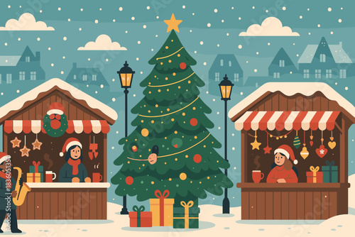 Festive holiday market scene with Christmas tree and cheerful vendors during snowy winter