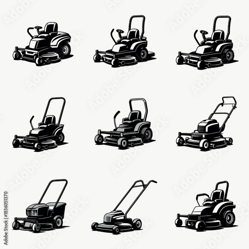 Collection of nine different types of lawnmowers in a sketch style