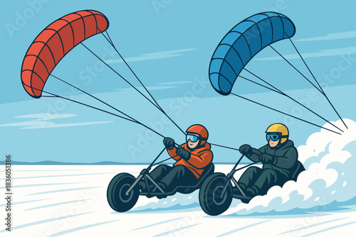 Two people racing on snow bikes while paragliding on a bright winter day