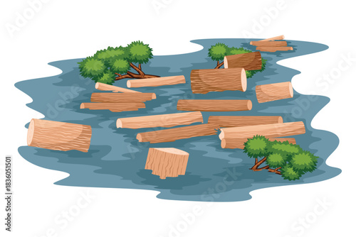 Vector illustration of cut logs and small bushes floating on water, depicting nature and deforestation elements.