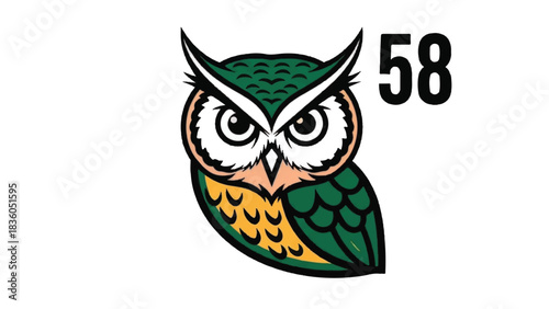 Stylized Owl with Number 58 Graphic Design.