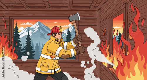 Brave firefighter with axe extinguishing house fire against mountain backdrop
