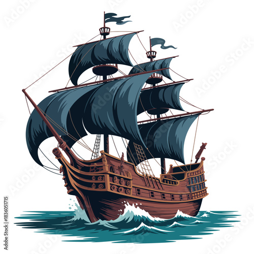 A majestic tall ship with dark sails navigates the ocean waves