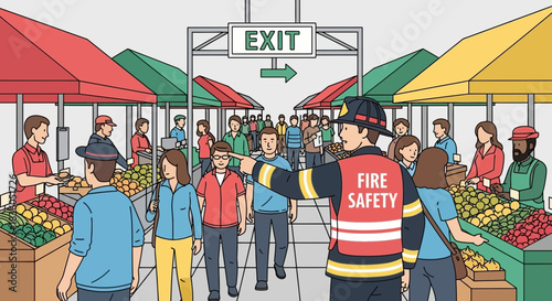 Fire safety personnel guides public towards exit at bustling market event