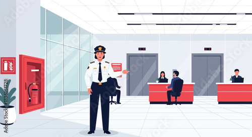 Security guard in modern office building providing direction and assistance