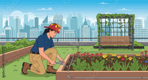 Rooftop oasis gardener in urban landscape with vibrant blossoms and innovative sprinkler