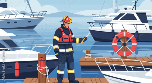 Firefighter Inspecting Boats at the Dock with Safety Gear on Duty Readiness
