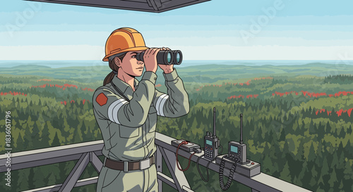 Forest Warden Overseeing the Dense Woods from the Lookout Tower Using Binoculars