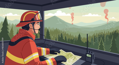 Firefighter Monitoring Wildfires from Lookout Tower, Safeguarding the Forest
