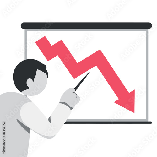 Businessman points to a downward trending red graph on a presentation screen