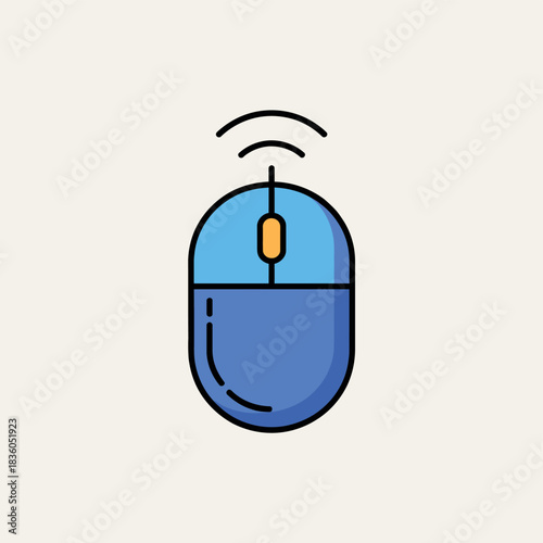Simple blue wireless computer mouse with signal waves icon