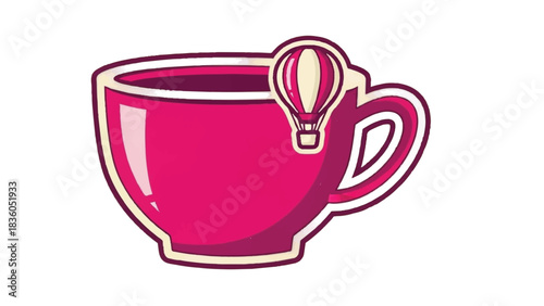 Vibrant Pink Coffee Cup with Hot Air Balloon Icon.