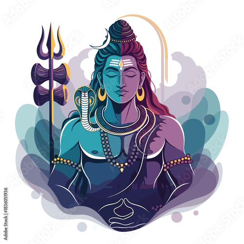 Lord Shiva abstract vector illustration, characterized by a blend of blue and purple hues