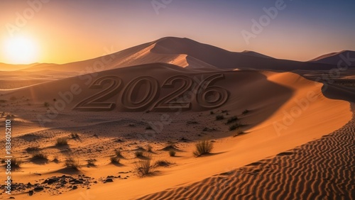 Golden desert landscape at sunset with undulating sand dunes and distant mountains under a warm sky