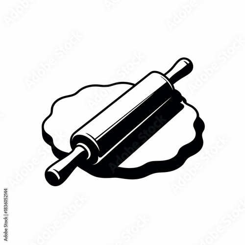 Black and white illustration of a rolling pin on dough
