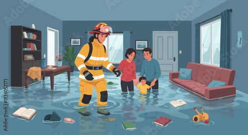 Rescuer helping family through flooded house after natural disaster strike