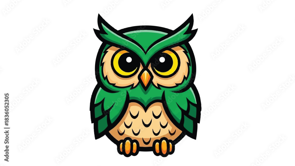 Obraz premium Cartoon Owl with Green Feathers and Yellow Eyes Staring Forward.