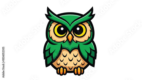 Cartoon Owl with Green Feathers and Yellow Eyes Staring Forward.