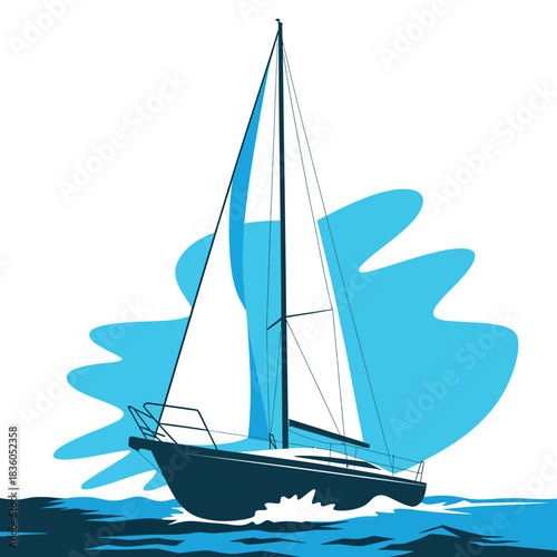 Stylized sailboat gliding through blue water waves
