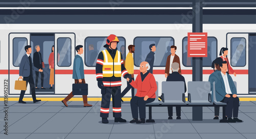 Crowded subway platform with passengers boarding and a firefighter assisting