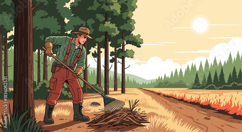 Forest conservation worker raking leaves and brush to prevent fires in the woods