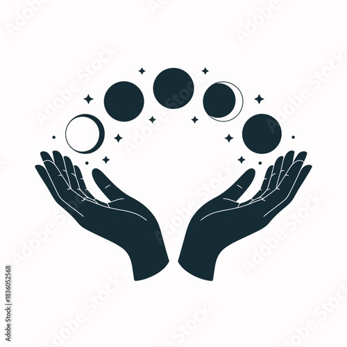 Mystical hands holding a cycle of moon phases with stars