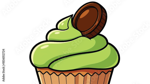 Cartoon cupcake with green frosting and chocolate topping illustration.