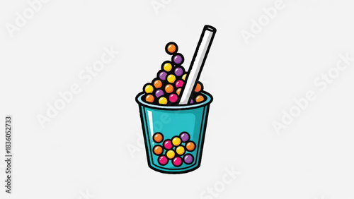 Colorful Boba Tea Drink with Tapioca Pearls and Straw.