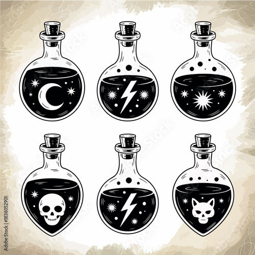 Collection of six mystical potion bottles with celestial and occult symbols