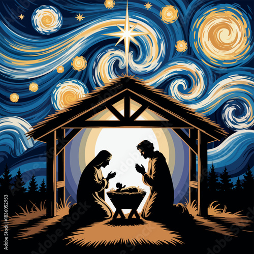 Nativity scene under a starry van gogh inspired night sky