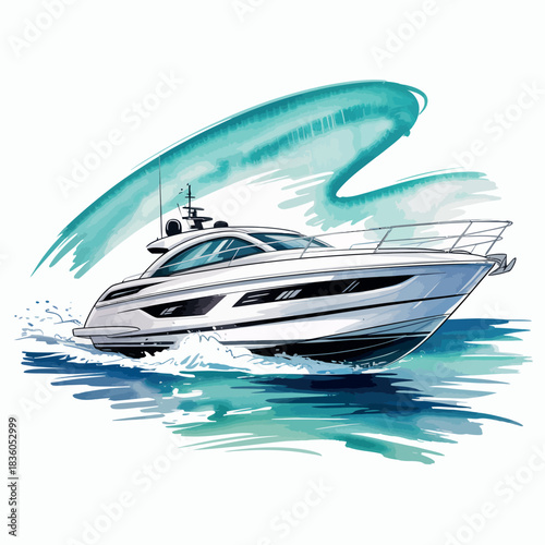 Luxury yacht speeding through turquoise water with artistic splash