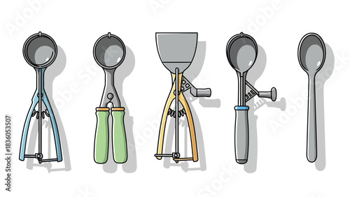 Five ice cream scoops of varying designs and colors are arranged in a row against a white background, casting shadows.