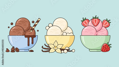 Three bowls of ice cream, chocolate, vanilla, and strawberry, each decorated with toppings and ingredients, on a light blue background.