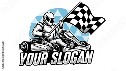 Go-kart racer in full gear waves a checkered flag while driving a go-kart, set against a geometric background.