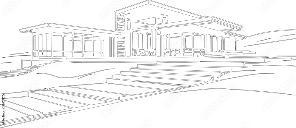 Fototapeta premium sketch of building or line art or silhouette of modern architecture building made by hand drawn geometric lines.