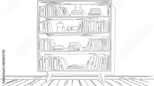 vector illustration of a sketch of a bookshelf or line art sketch Vector hand drawn of bookshelf for educational purpose design.