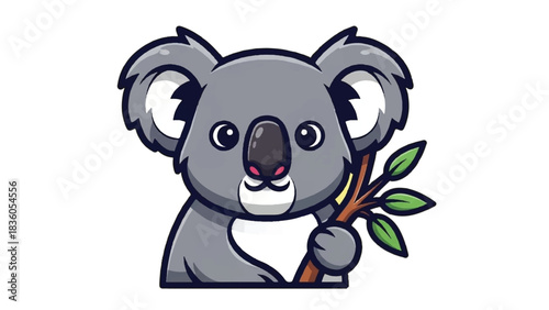 Cute Cartoon Koala Holding Eucalyptus Branch Adorable Animal Illustration.