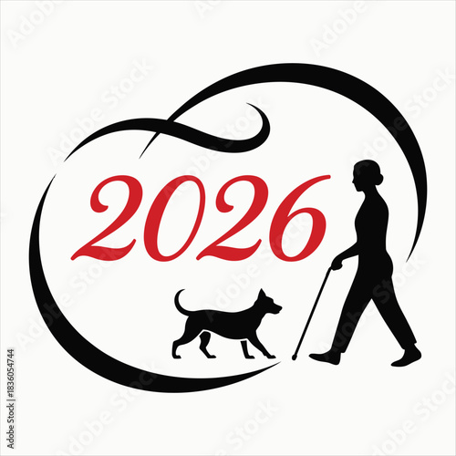 Blind person with guide dog and year 2026 Keywords: blind, person, guide dog, cane, walking