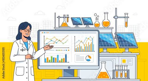 Scientist presenting solar energy research data displayed on computer screen