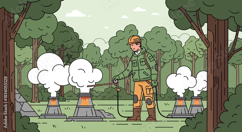 Cartoon depiction of potential environmental hazards and human intervention