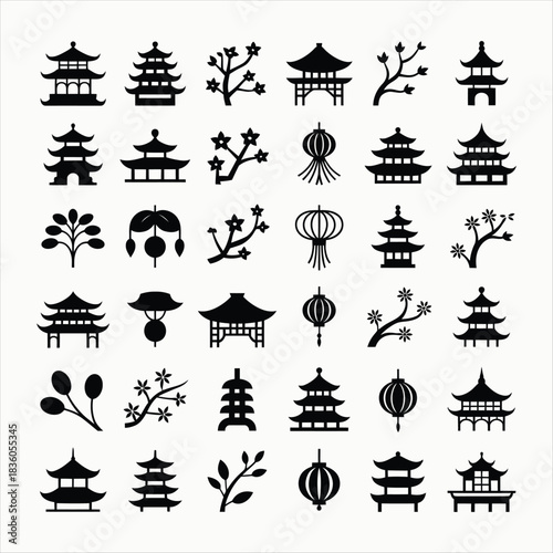 Collection of Asian pagoda and lantern icons temple