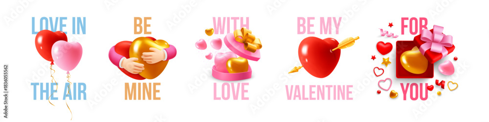Naklejka premium Set of Valentines Day poster, cover, banner or greeting card templates. Romantic cute design, 3d realistic conceptual objects, hearts, gifts, balloons and typography lettering. Vector illustration
