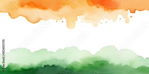 Saffron and green watercolor paint border with white copy space.