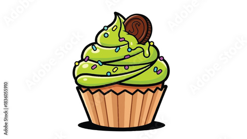 Delicious Green Frosted Cupcake with Chocolate Topping and Sprinkles.