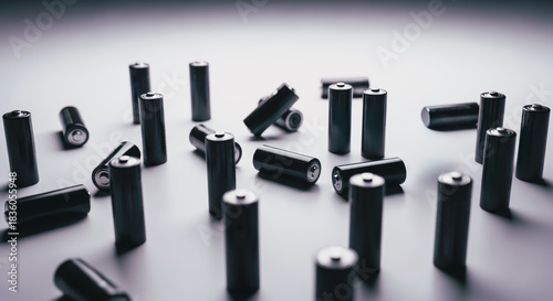 An organized cluster of sleek cylindrical batteries, scattered across a cool-toned surface, representing an image of power, energy storage and technological progress.